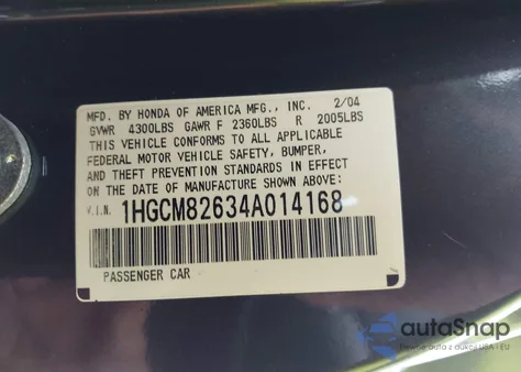 2004 Honda Accord 3.0 Ex из США, поврежденный, VIN 1HGCM82634A014168